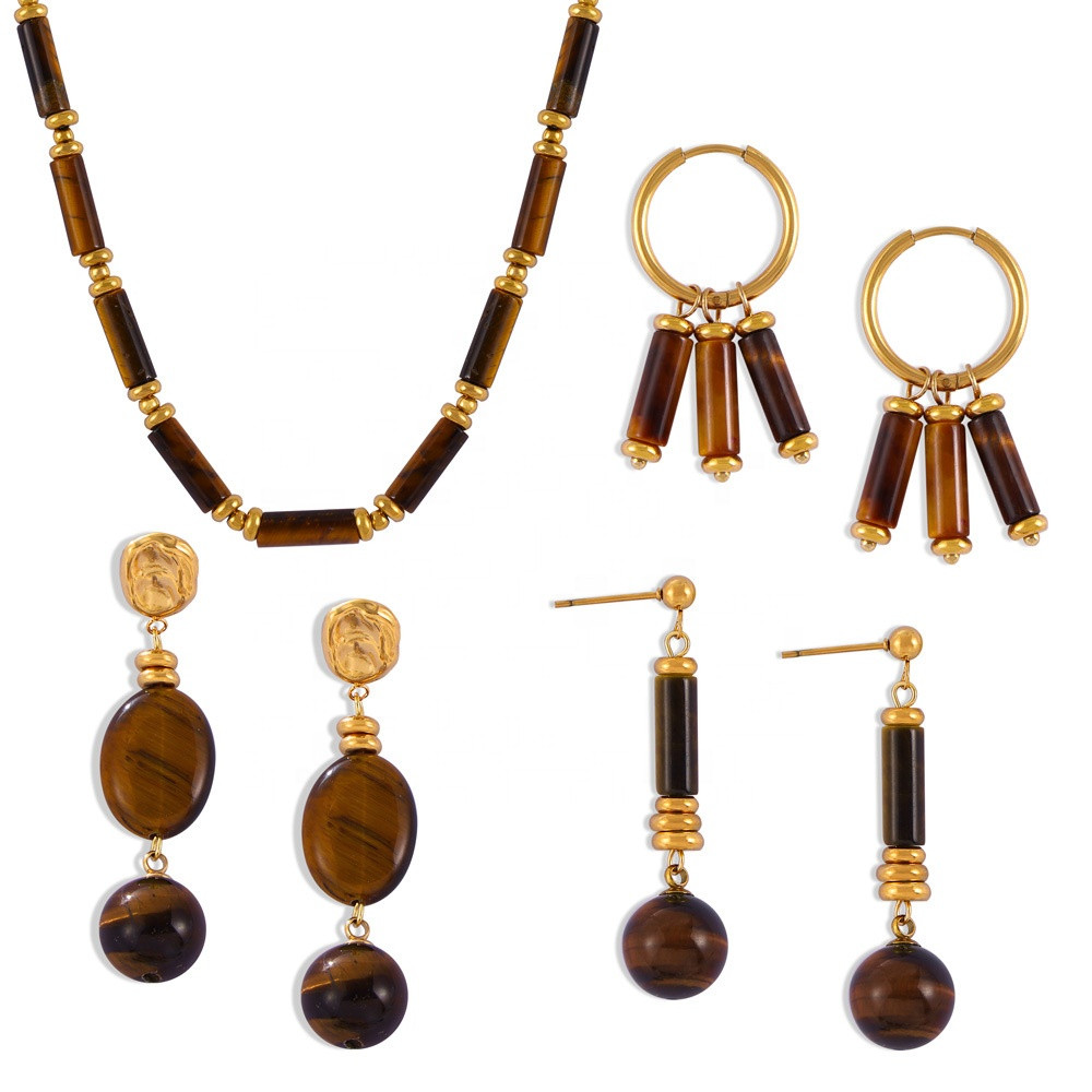 Ensemble collier et boucles d'oreilles en acier inoxydable, style Maillard rétro, tempérament élégant, bijoux de niche, design de perles en œil de tigre